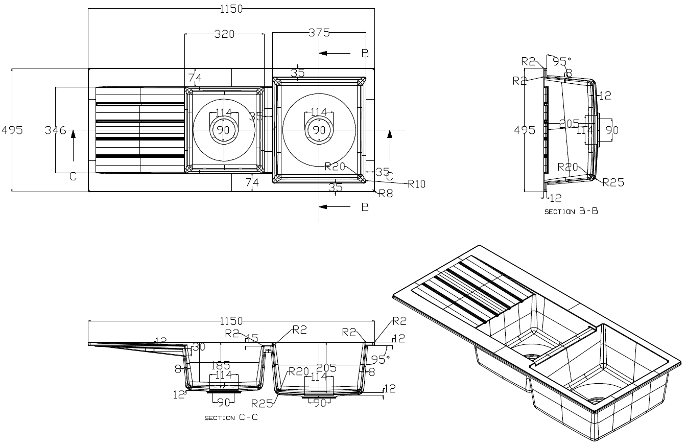 One Bathroom - Granite Sink With Right Hand Drainer 1&3/4