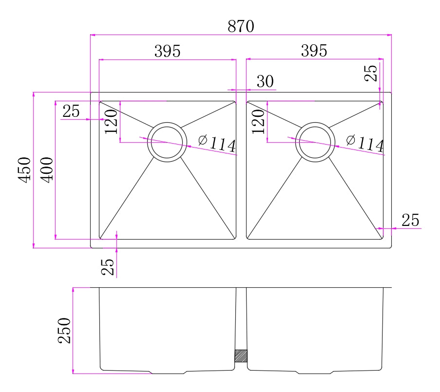 One Bathroom - 870mm Black Kitchen Stainless Steel Sink - Double