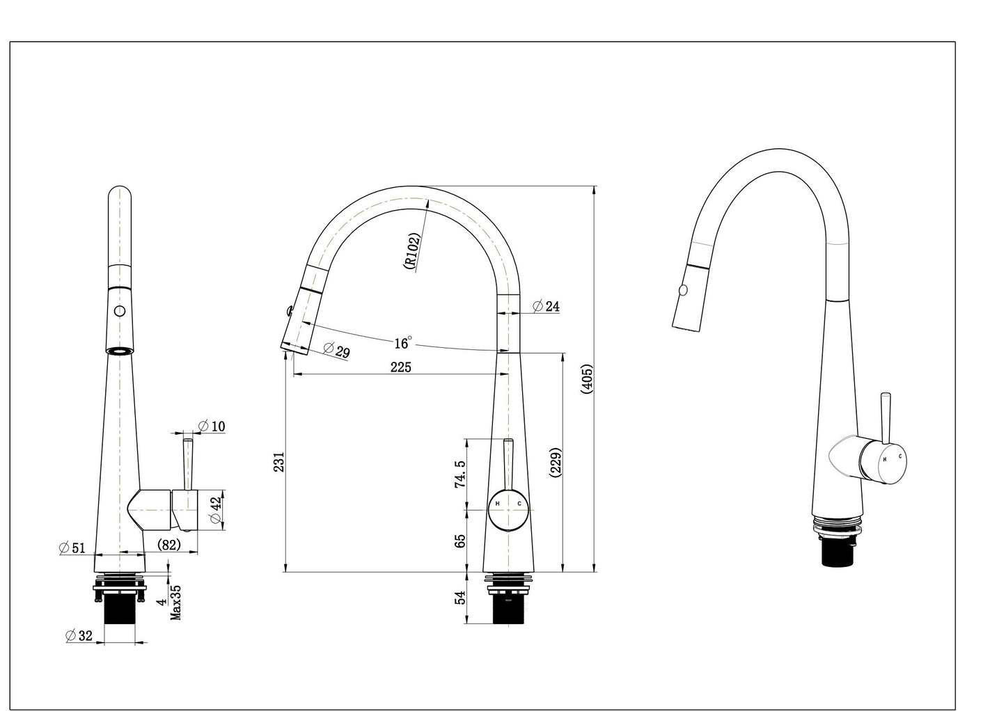 One Bathrom - BETA Kitchen Sink Pull Out Mixer Brushed Gold