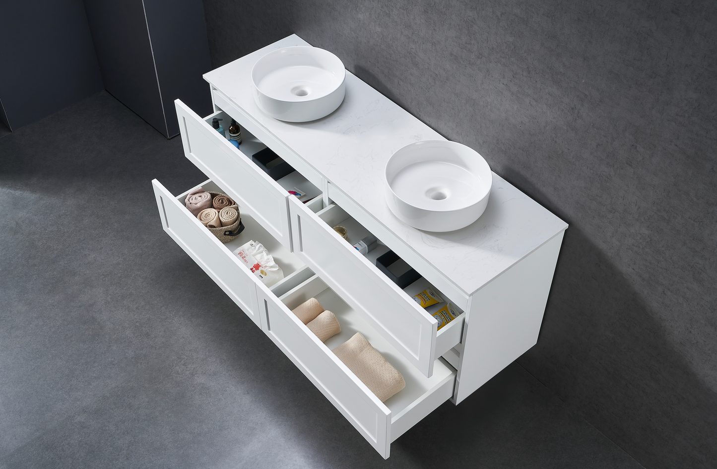 1500mm Matt white shaker wall hung vanity with stone bench top and above counter basin