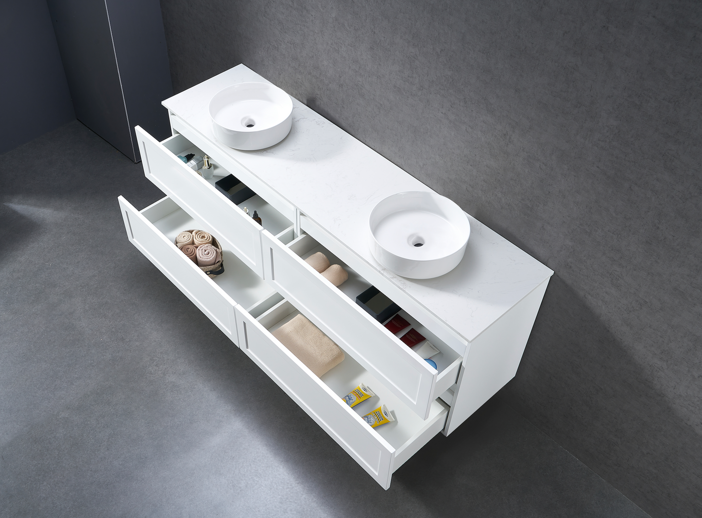 1800mm Matt white shaker wall hung vanity with stone bench top and above counter basin