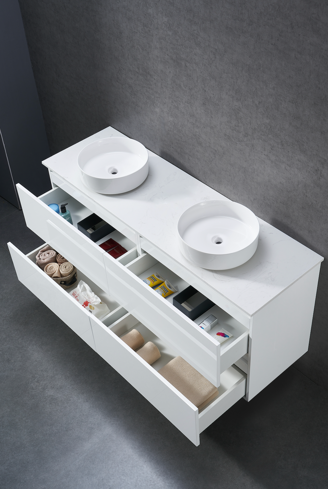 1500mm Gloss white wall hung vanity with stone bench top and above counter Double basin