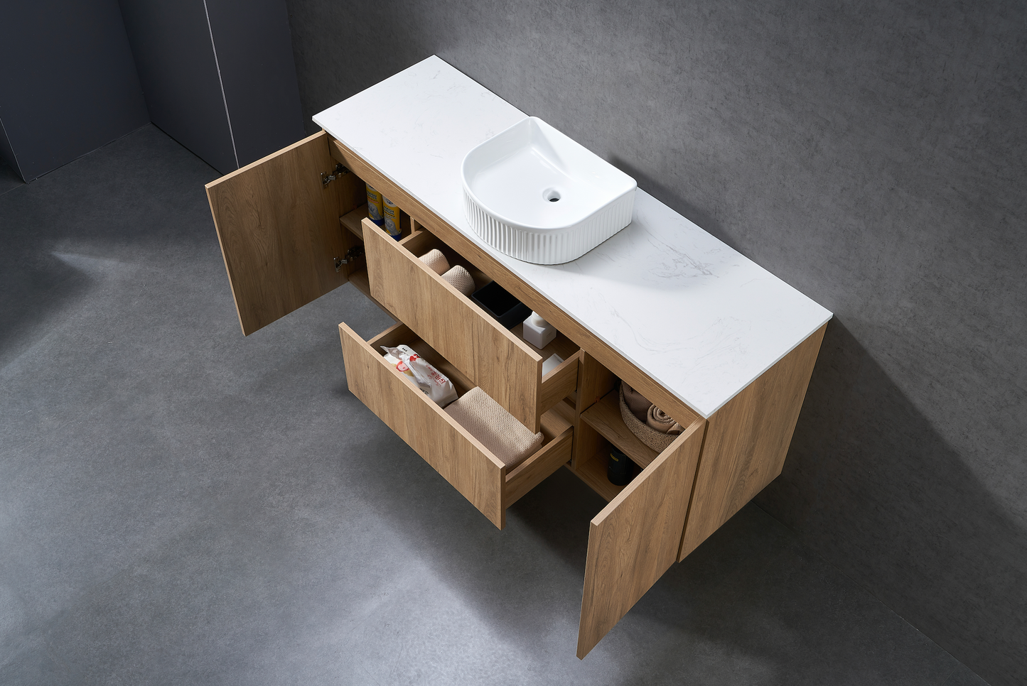 1500mm Natural Oak wall hung vanity with stone bench top and above counter Single basin