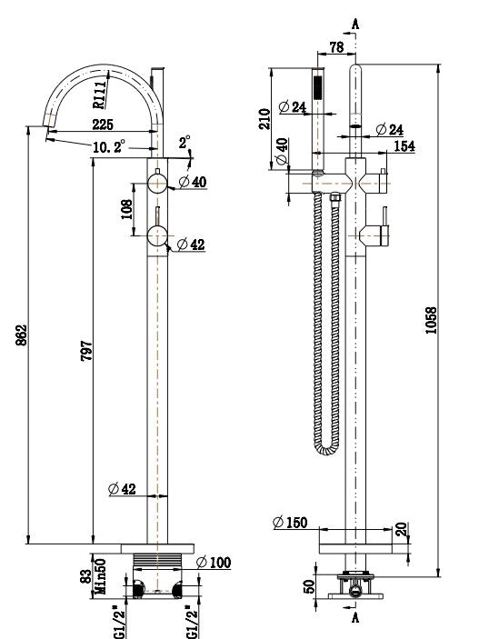 One Bathroom - PIN Free Standing Bath Spout With Mixer And Hand Held Matt Black
