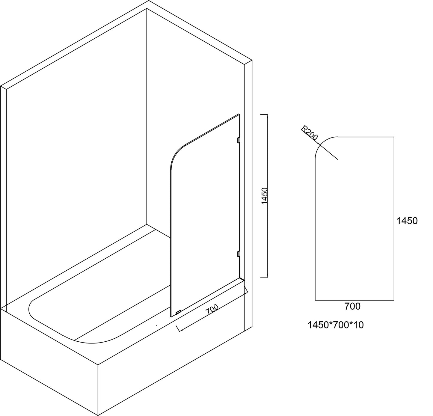 One Bathroom - Frameless Bath Screen Panel Curved Corner