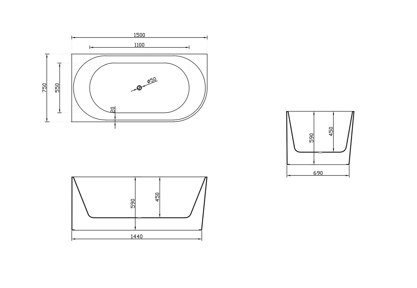 One Bathroom - 1500mm Free Standing Corner Bathtub - Left