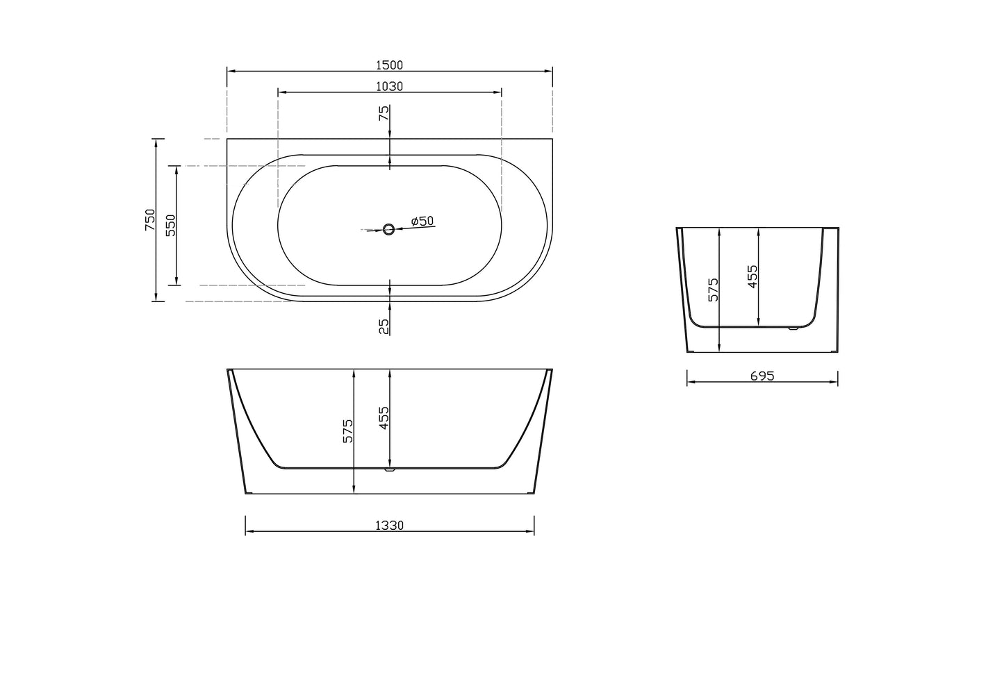 One Bathroom - 1500mm Back To Wall Free Standing Bathtub