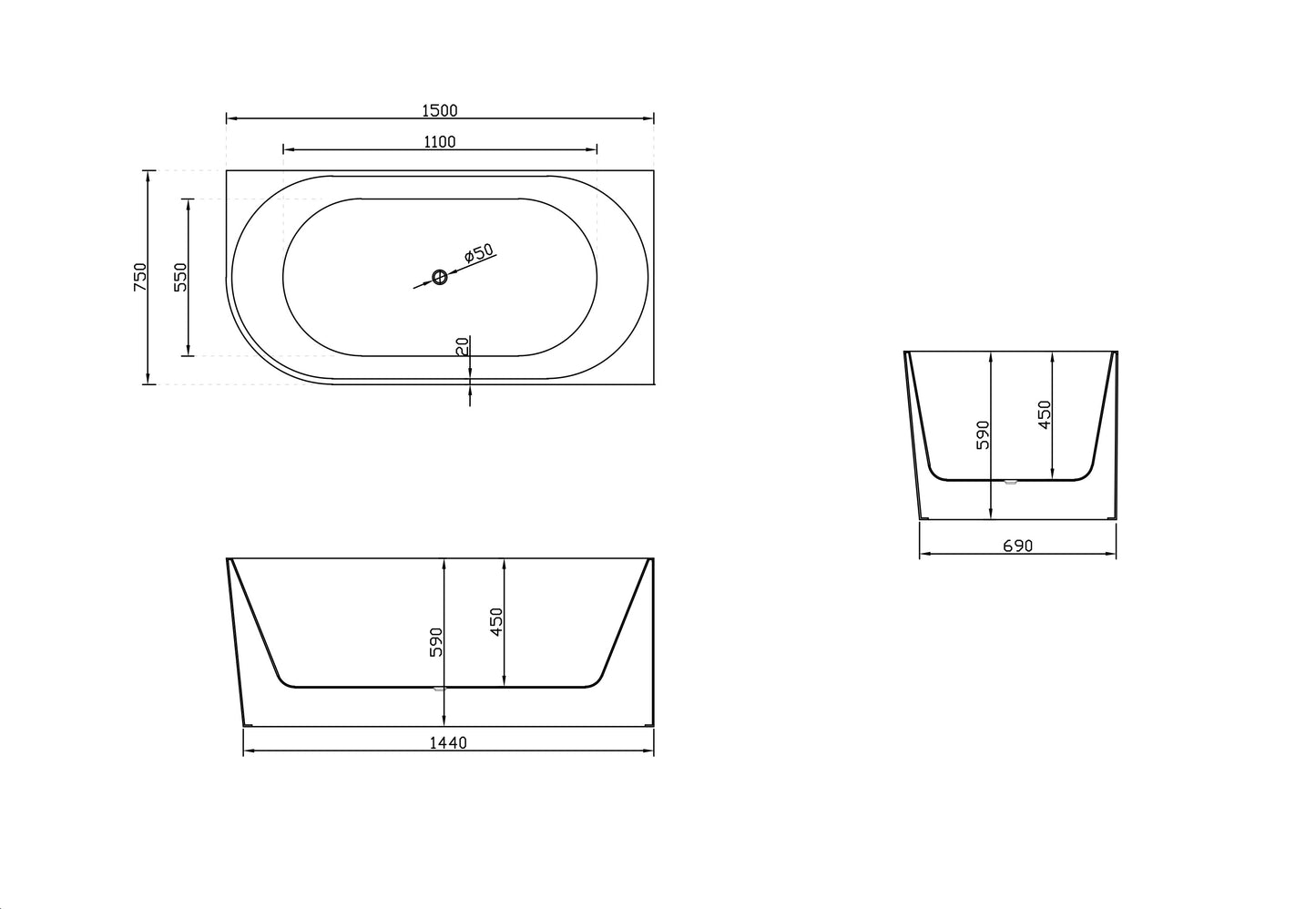 One Bathroom - 1500mm Free Standing Corner Bathtub -Right