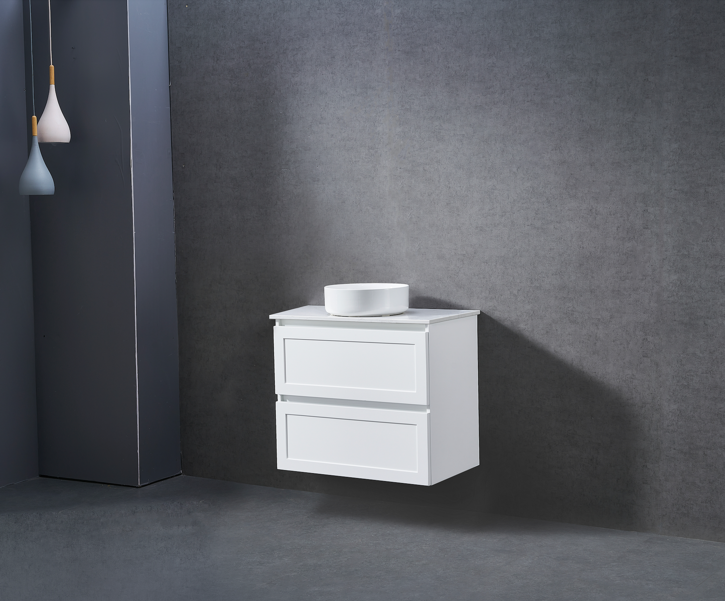 750mm Matt white shaker wall hung vanity with stone bench top and above counter basin