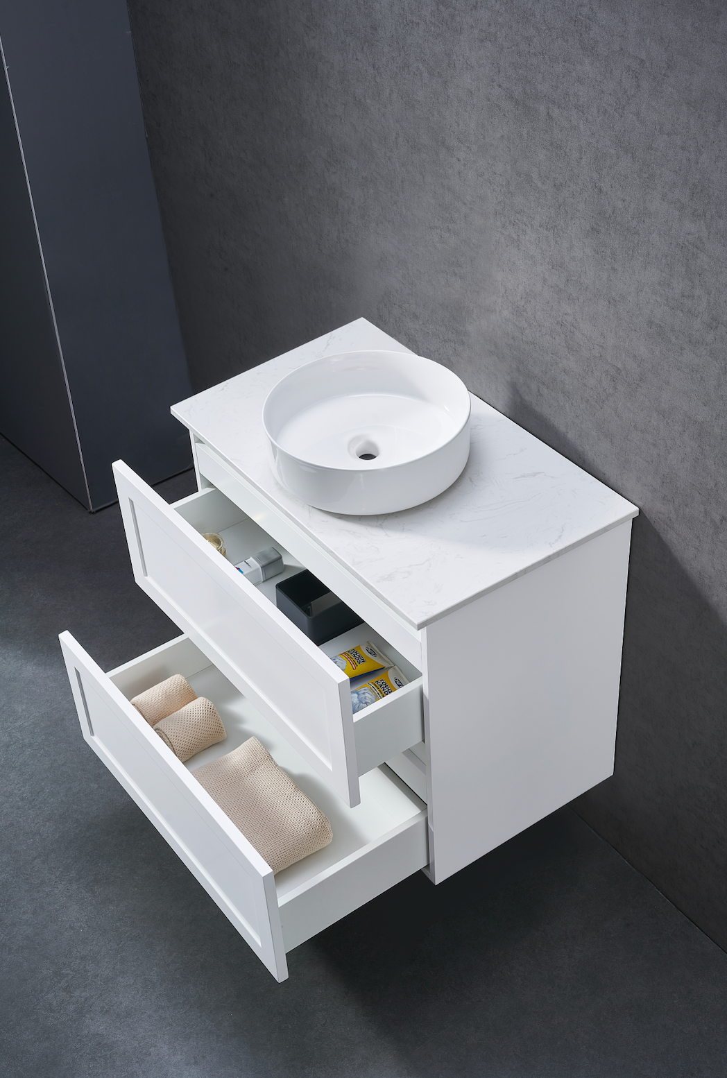 750mm Matt white shaker wall hung vanity with stone bench top and above counter basin