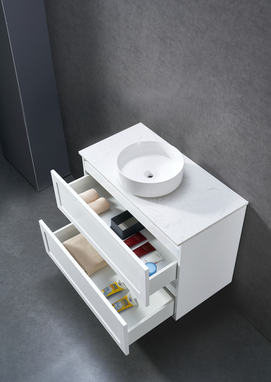 900mm Matt white shaker wall hung vanity with stone bench top and above counter basin