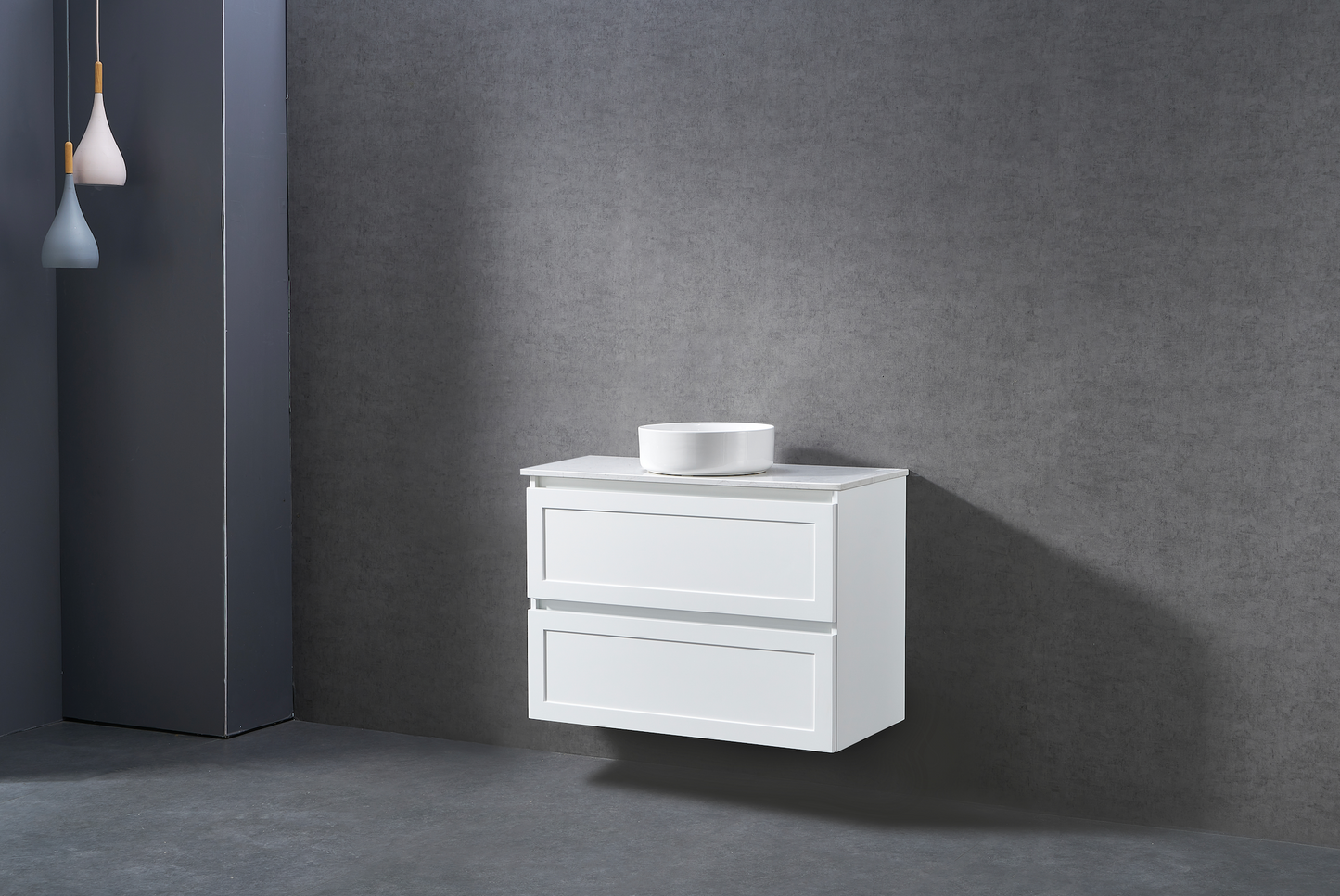 900mm Matt white shaker wall hung vanity with stone bench top and above counter basin