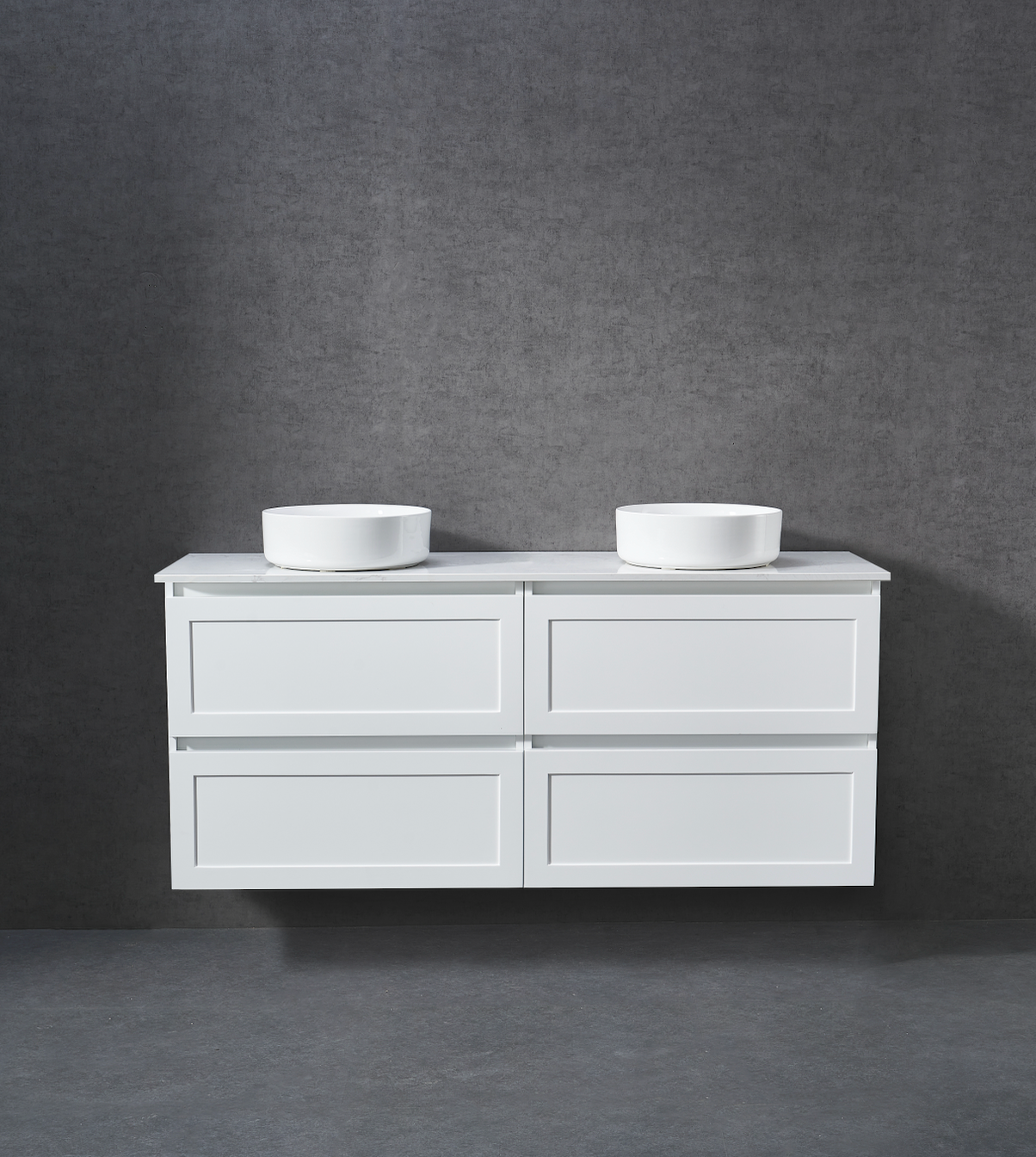 1500mm Matt white shaker wall hung vanity with stone bench top and above counter basin