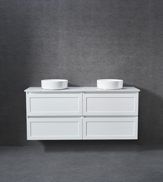 1500mm Matt white shaker wall hung vanity with stone bench top and above counter Double basin