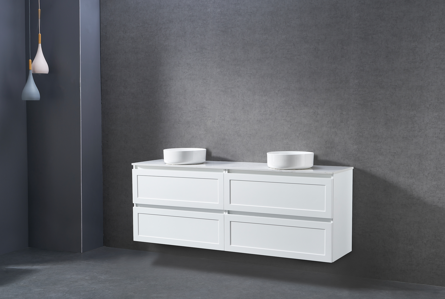 1800mm Matt white shaker wall hung vanity with stone bench top and above counter basin