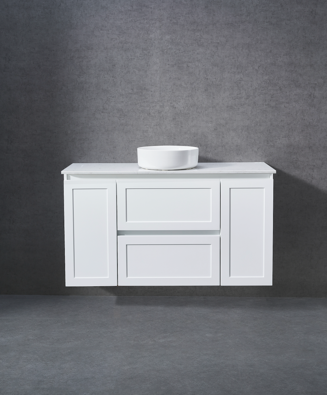 1200mm Matt white shaker wall hung vanity with stone bench top and above counter basin