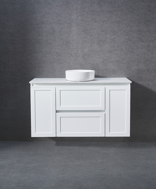 1200mm Matt white shaker wall hung vanity with stone bench top and above counter basin