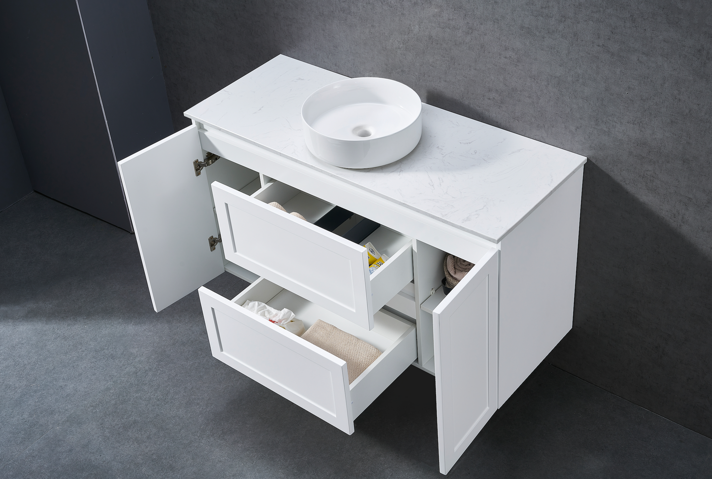 1200mm Matt white shaker wall hung vanity with stone bench top and above counter basin