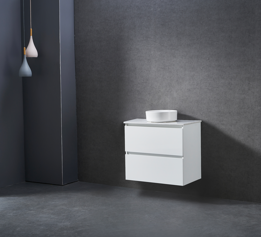 750mm Gloss white wall hung vanity with stone bench top and above counter basin