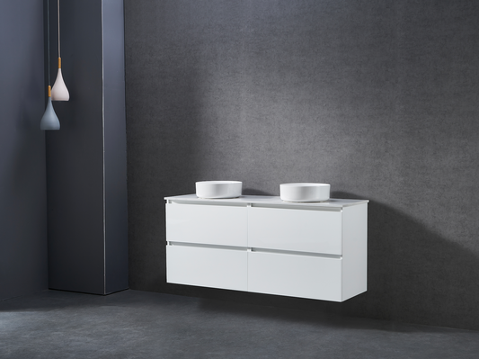 1500mm Gloss white wall hung vanity with stone bench top and above counter Double basin