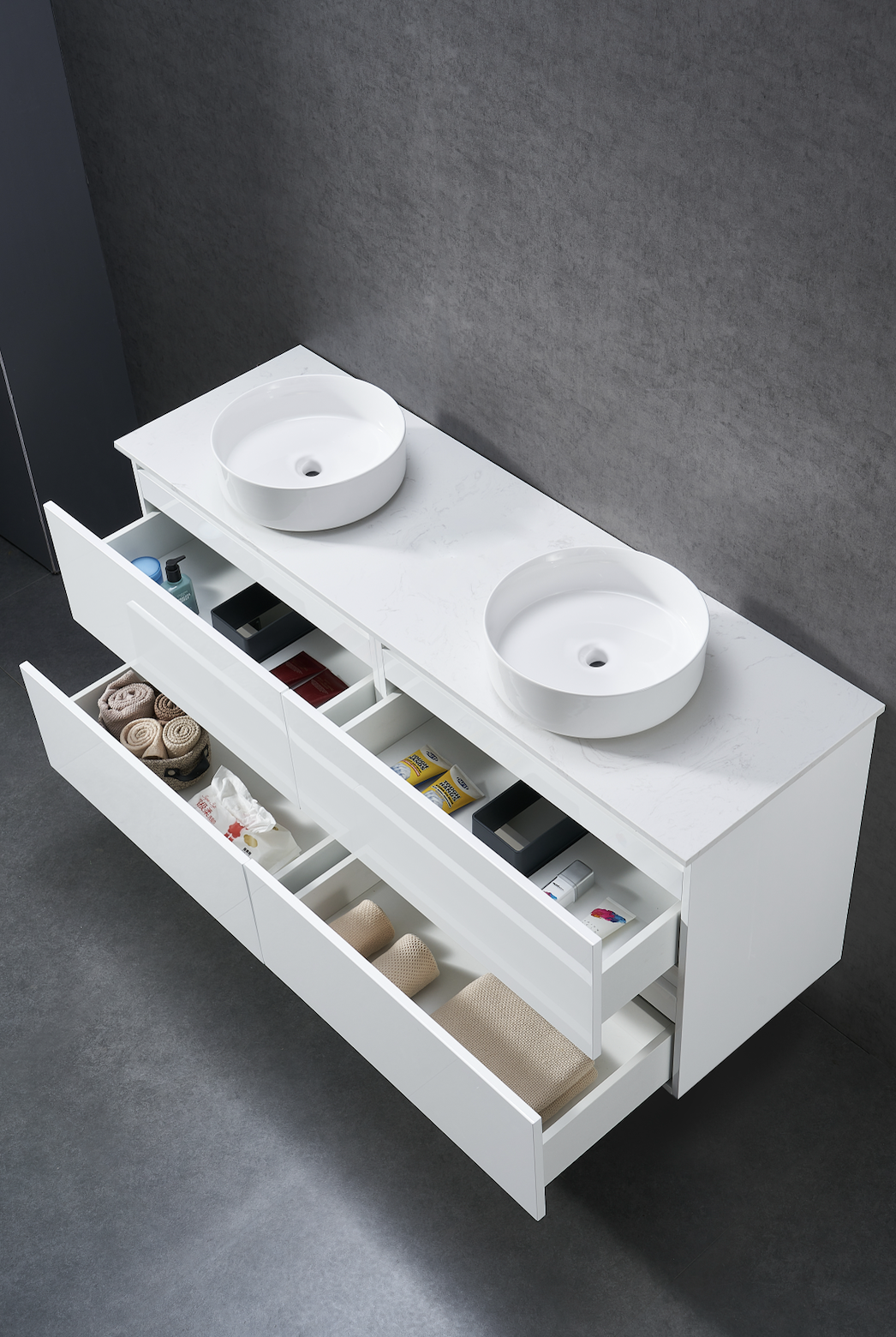 1500mm Gloss white wall hung vanity with stone bench top and above counter Double basin