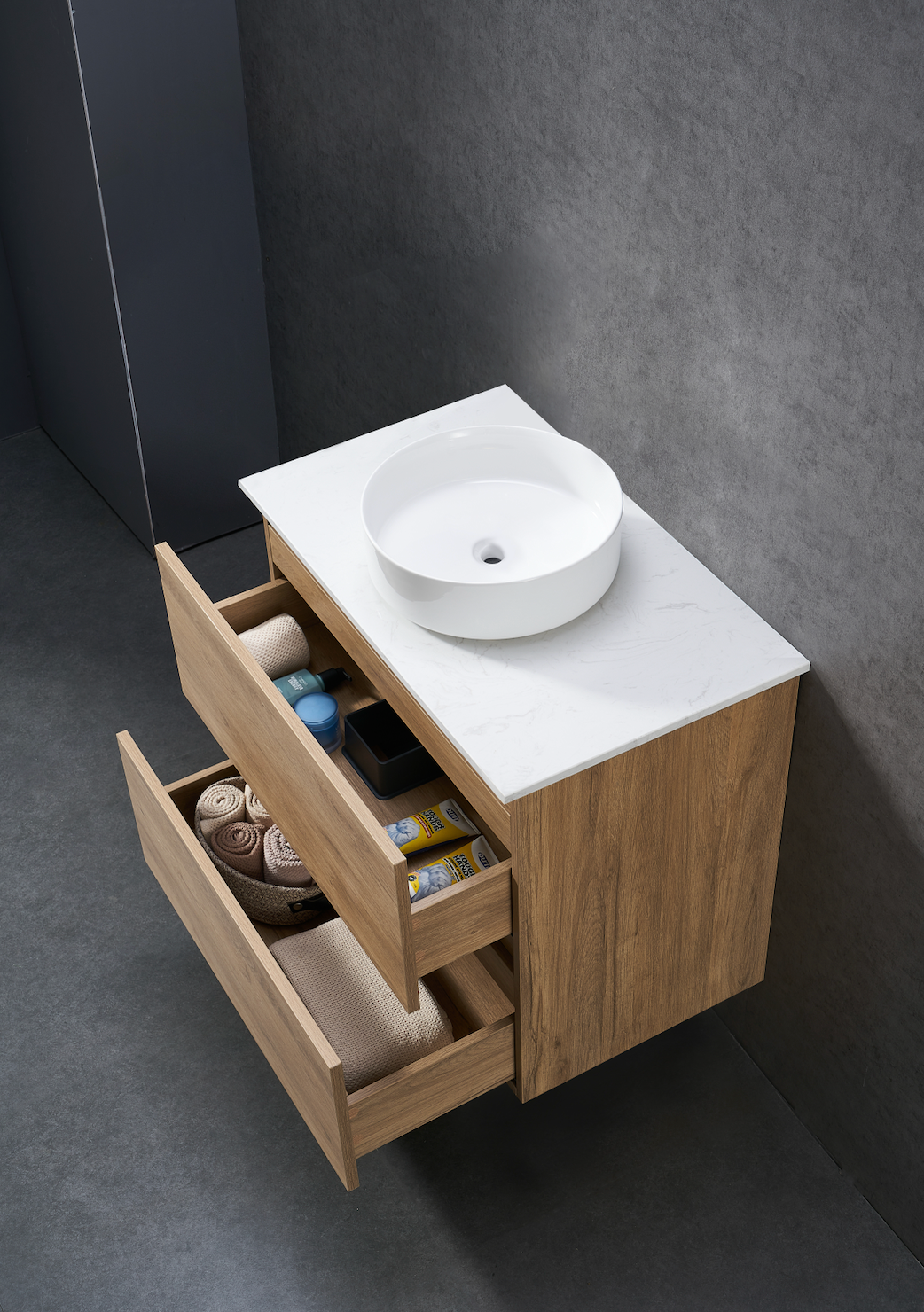 750mm Natural Oak wall hung vanity with stone bench top and above counter basin