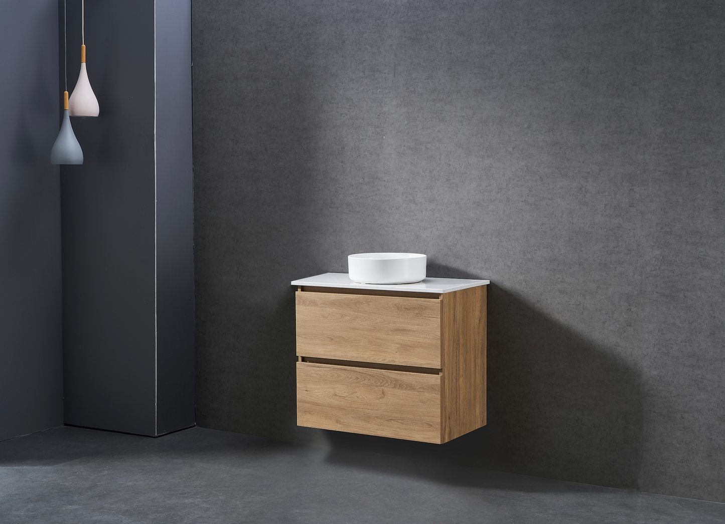 750mm Natural Oak wall hung vanity with stone bench top and above counter basin