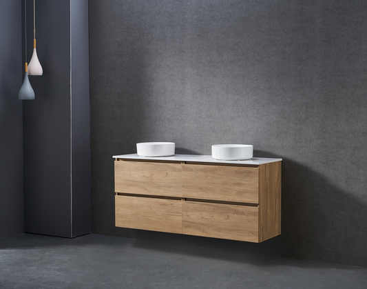 1500mm Natural Oak wall hung vanity with stone bench top and above counter Double basin