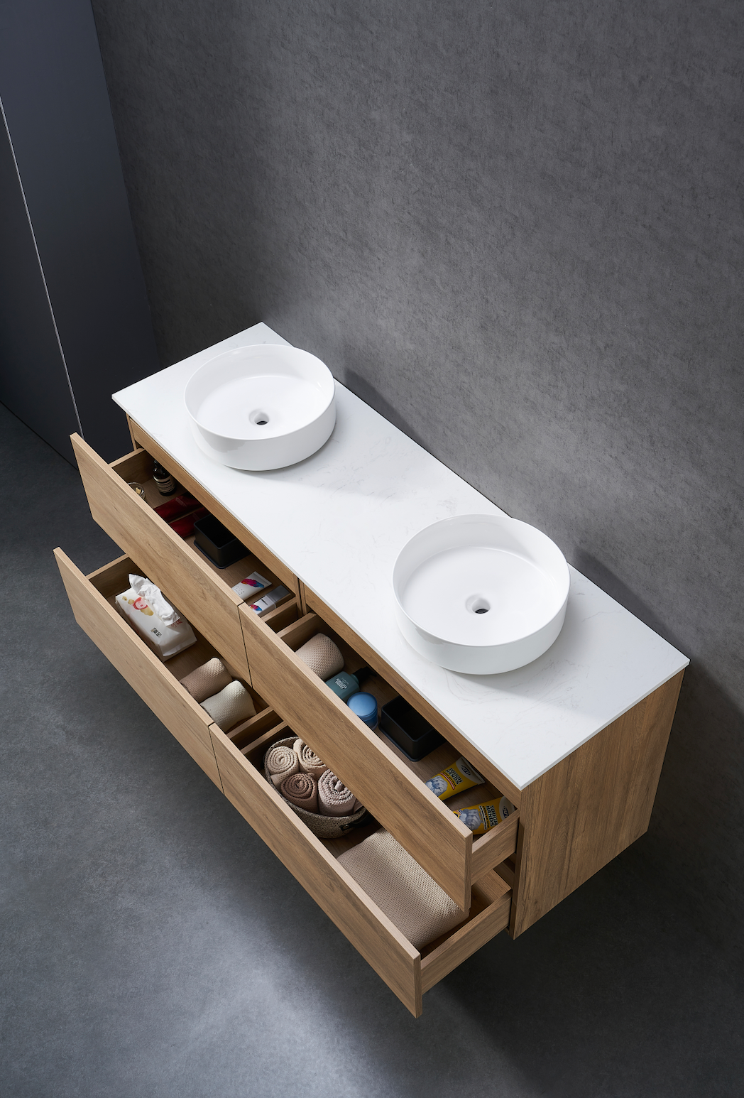1500mm Natural Oak wall hung vanity with stone bench top and above counter Double basin