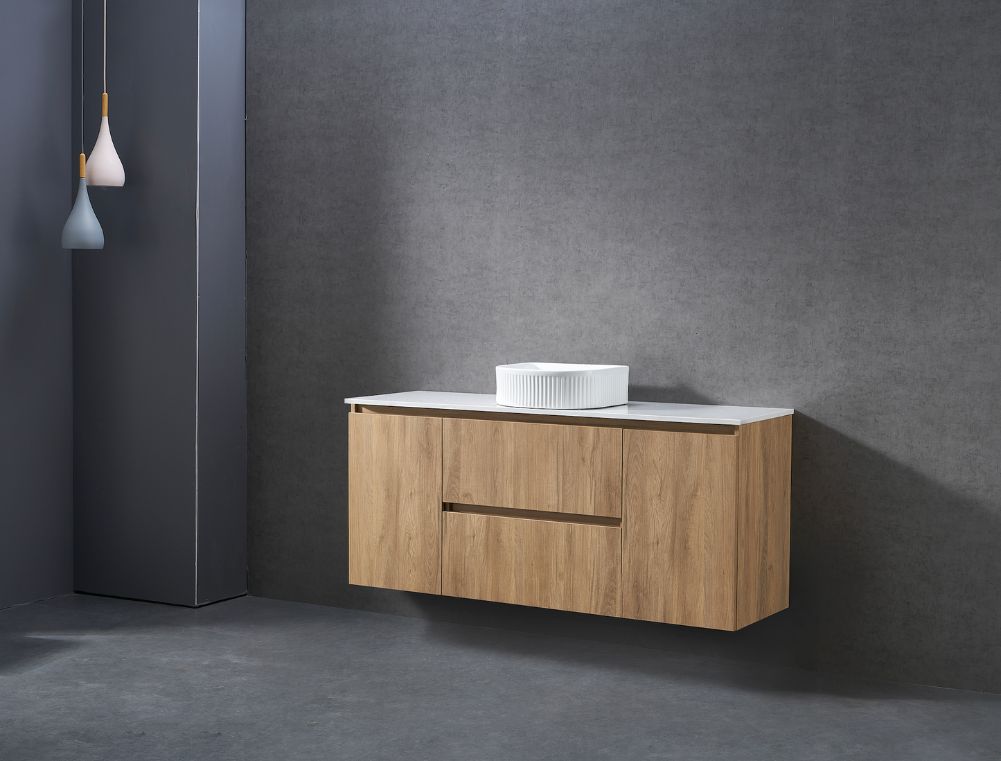 1500mm Natural Oak wall hung vanity with stone bench top and above counter Single&nbsp;basin