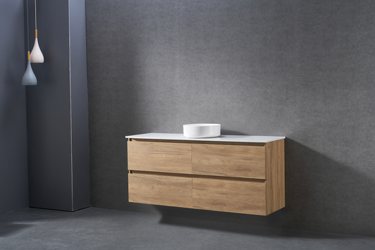 1500mm Natural Oak wall hung vanity with stone bench top and above counter Single&nbsp;basin