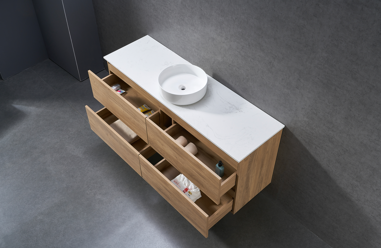 1500mm Natural Oak wall hung vanity with stone bench top and above counter Single&nbsp;basin